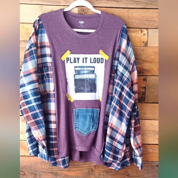 Upcycled Shirt with Plaid Sleeves - Picture 2 of 8